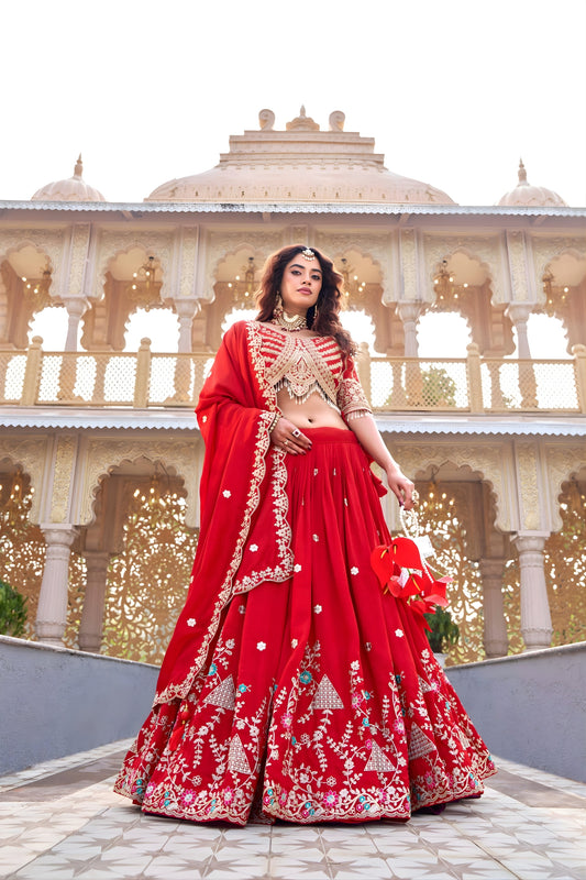 Designer Red Embroidered Vichitra Silk Lehenga Choli Set with Dupatta for Wedding
