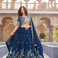 Superb Navy Blue Embroidered Vichitra Silk Lehenga Choli Set with Dupatta for Wedding