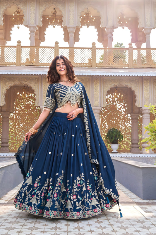 Superb Navy Blue Embroidered Vichitra Silk Lehenga Choli Set with Dupatta for Wedding