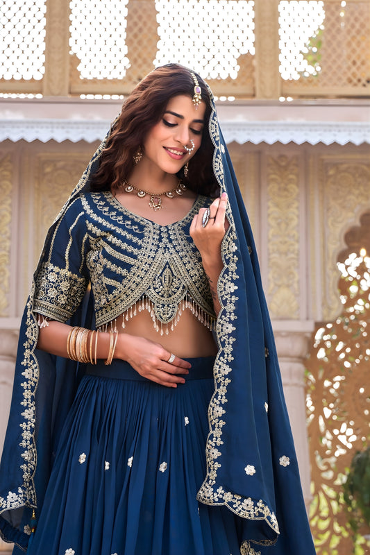 Superb Navy Blue Embroidered Vichitra Silk Lehenga Choli Set with Dupatta for Wedding