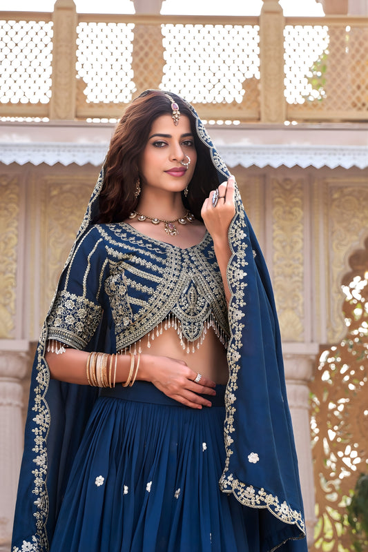 Superb Navy Blue Embroidered Vichitra Silk Lehenga Choli Set with Dupatta for Wedding