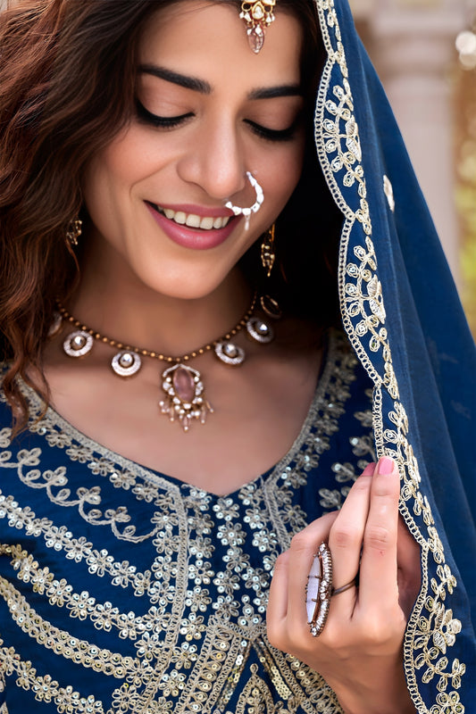 Superb Navy Blue Embroidered Vichitra Silk Lehenga Choli Set with Dupatta for Wedding