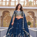 Superb Navy Blue Embroidered Vichitra Silk Lehenga Choli Set with Dupatta for Wedding