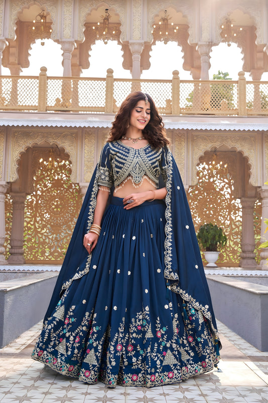 Superb Navy Blue Embroidered Vichitra Silk Lehenga Choli Set with Dupatta for Wedding