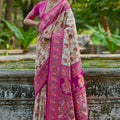 Cream Rani Pink Banarasi Silk Saree with Floral Zari Work