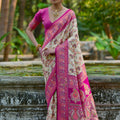 Cream Rani Pink Banarasi Silk Saree with Floral Zari Work 
