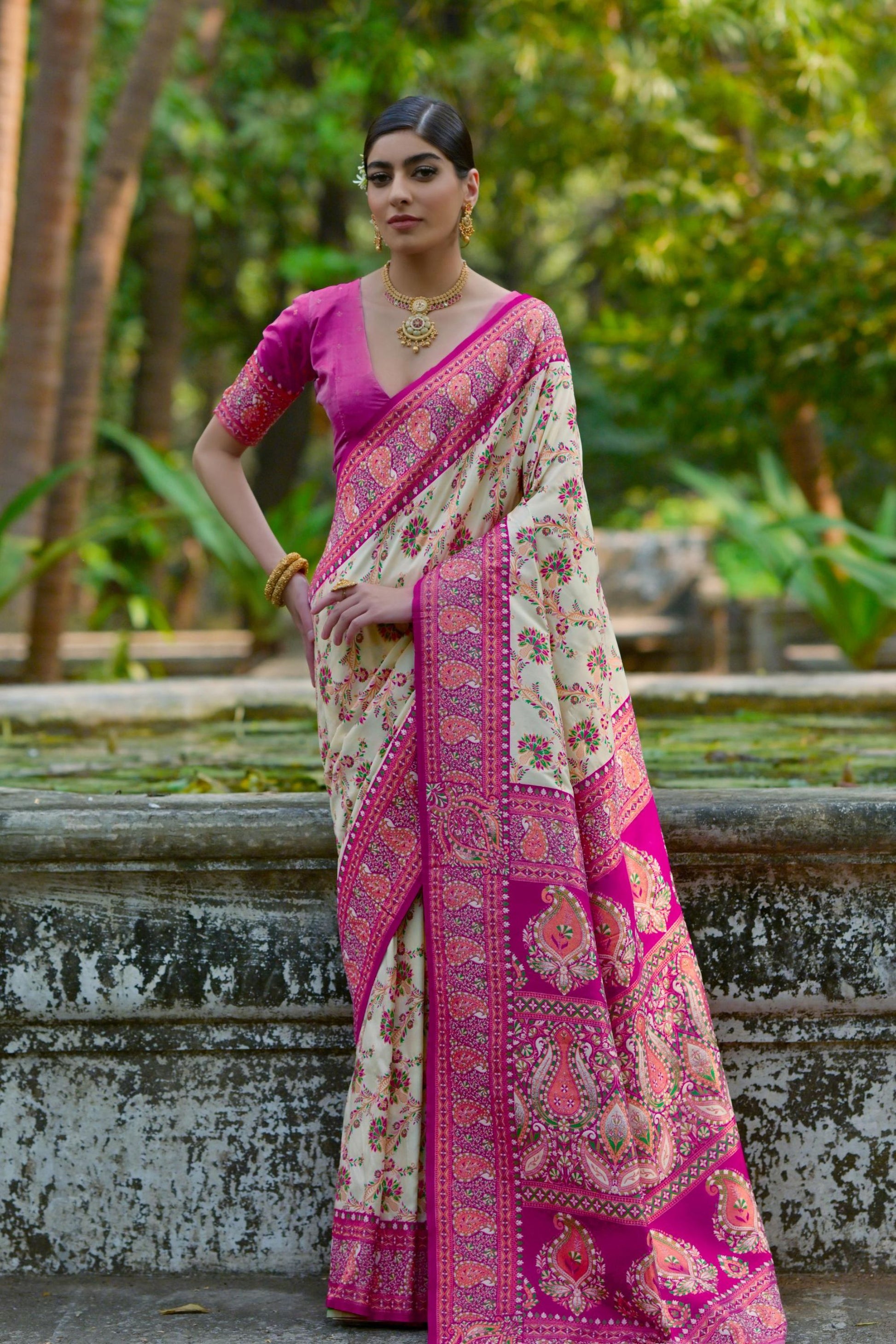 Cream Rani Pink Banarasi Silk Saree with Floral Zari Work 