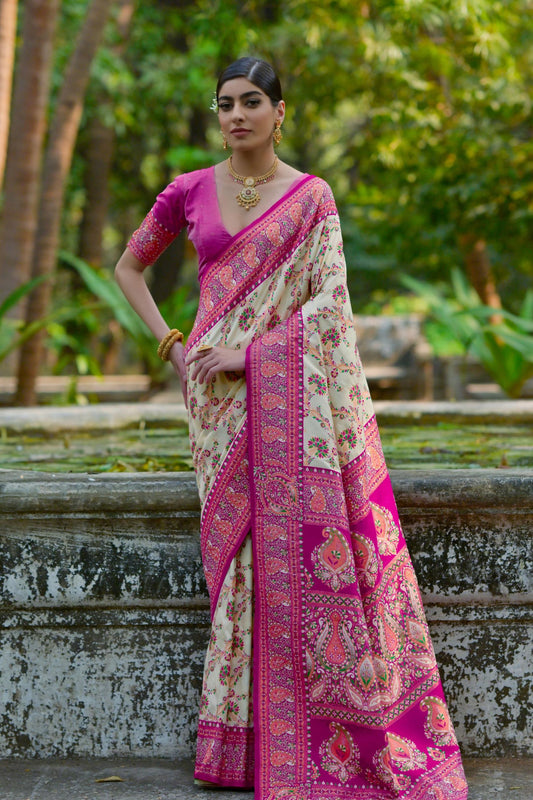 Cream Rani Pink Banarasi Silk Saree with Floral Zari Work 