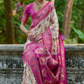 Cream Rani Pink Banarasi Silk Saree with Floral Zari Work