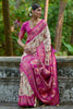 Cream Rani Pink Banarasi Silk Saree with Floral Zari Work