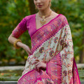 Cream Rani Pink Banarasi Silk Saree with Floral Zari Work