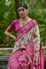 Cream Rani Pink Banarasi Silk Saree with Floral Zari Work