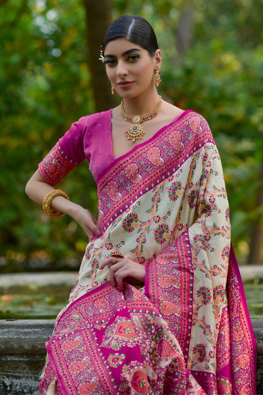 Cream Rani Pink Banarasi Silk Saree with Floral Zari Work