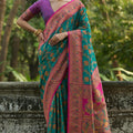 Teal Green Magenta Kashmiri Weave Silk Saree Floral Paisley Design