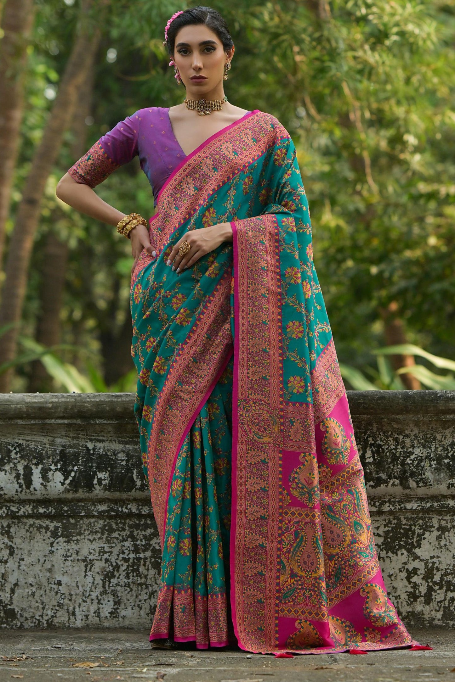 Teal Green Magenta Kashmiri Weave Silk Saree Floral Paisley Design