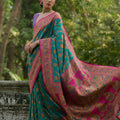 Teal Green Magenta Kashmiri Weave Silk Saree Floral Paisley Design