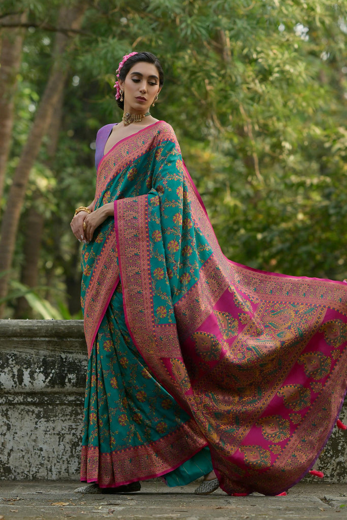Teal Green Magenta Kashmiri Weave Silk Saree Floral Paisley Design