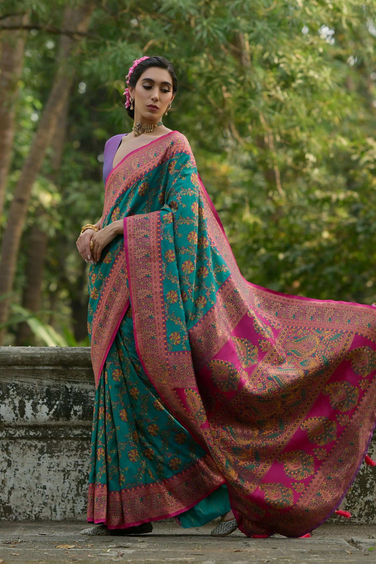 Teal Green Magenta Kashmiri Weave Silk Saree Floral Paisley Design