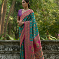Teal Green Magenta Kashmiri Weave Silk Saree Floral Paisley Design