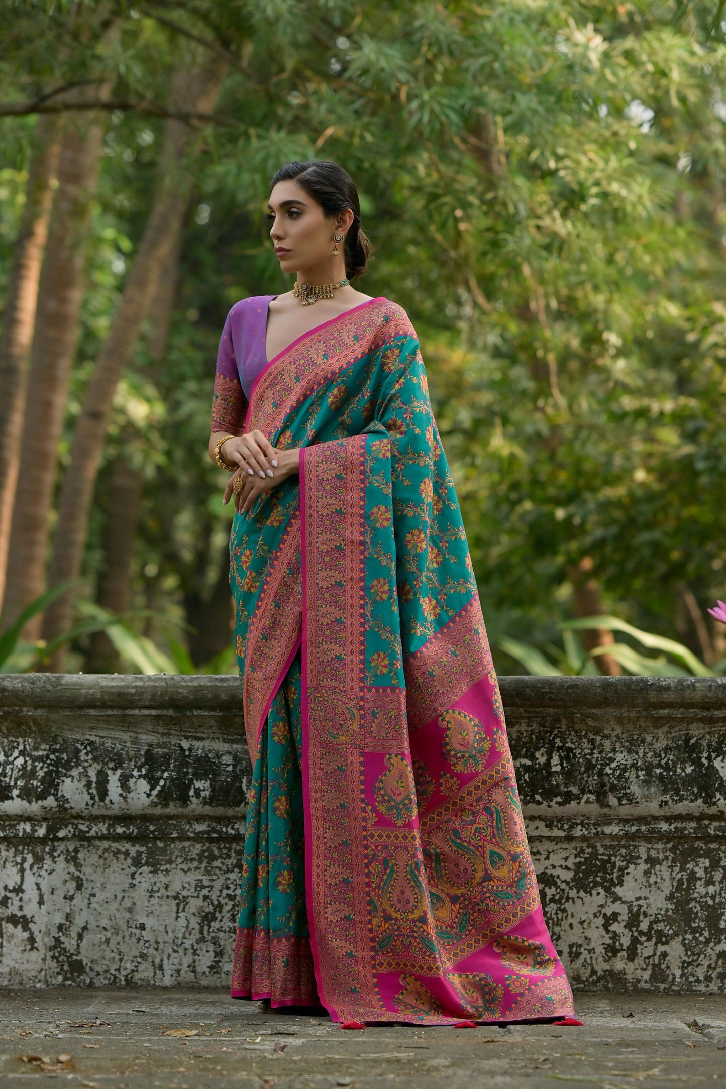 Teal Green Magenta Kashmiri Weave Silk Saree Floral Paisley Design