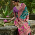 Teal Green Magenta Kashmiri Weave Silk Saree Floral Paisley Design