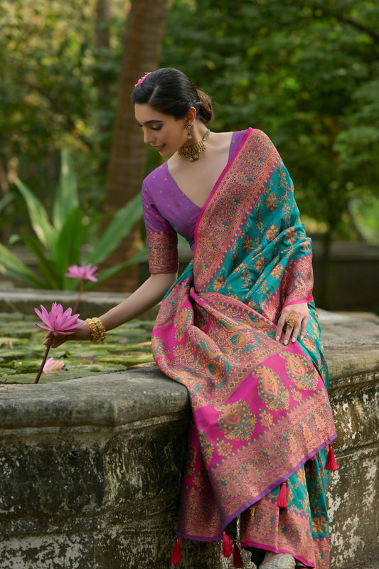 Teal Green Magenta Kashmiri Weave Silk Saree Floral Paisley Design