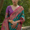 Teal Green Magenta Kashmiri Weave Silk Saree Floral Paisley Design