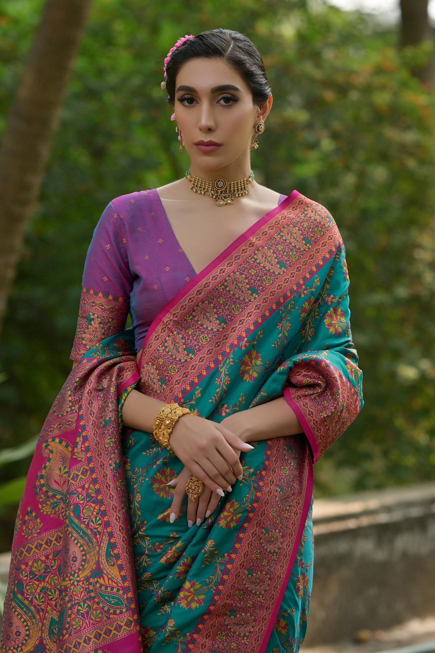 Teal Green Magenta Kashmiri Weave Silk Saree Floral Paisley Design