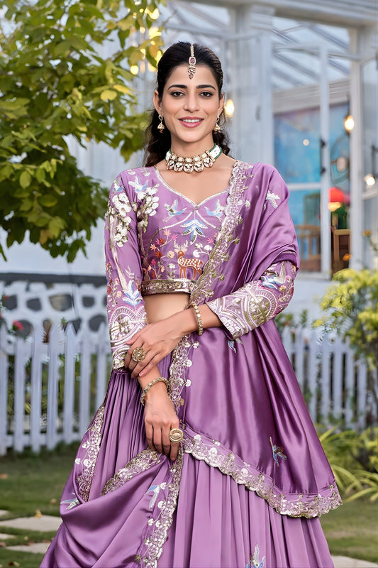 Elegant Lavender Embroidered Vichitra Silk Lehenga Choli Set with Dupatta for Wedding