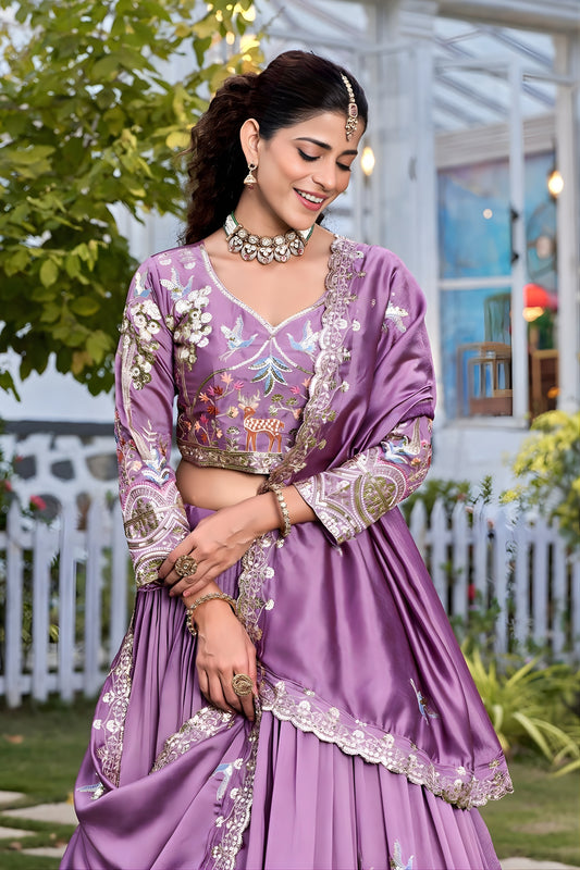 Elegant Lavender Embroidered Vichitra Silk Lehenga Choli Set with Dupatta for Wedding