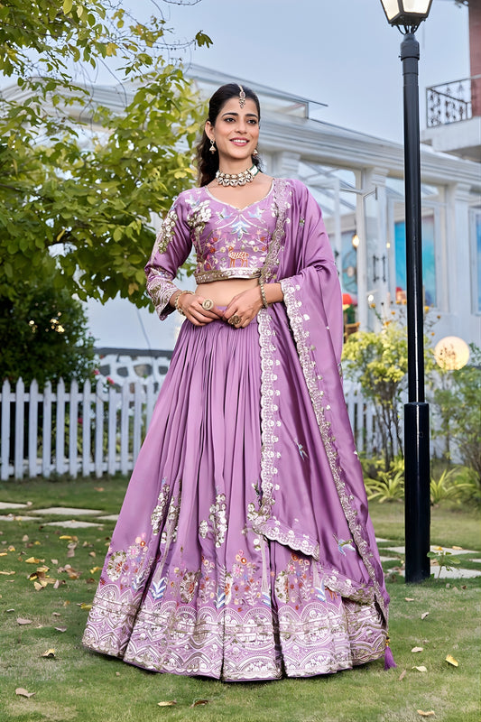 Elegant Lavender Embroidered Vichitra Silk Lehenga Choli Set with Dupatta for Wedding