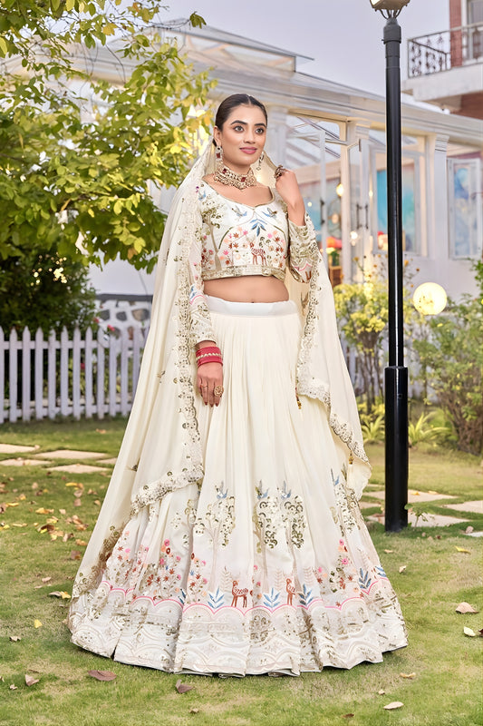 Delicate White Embroidered Vichitra Silk Lehenga Choli Set with Dupatta for Wedding