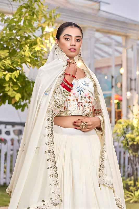 Delicate White Embroidered Vichitra Silk Lehenga Choli Set with Dupatta for Wedding