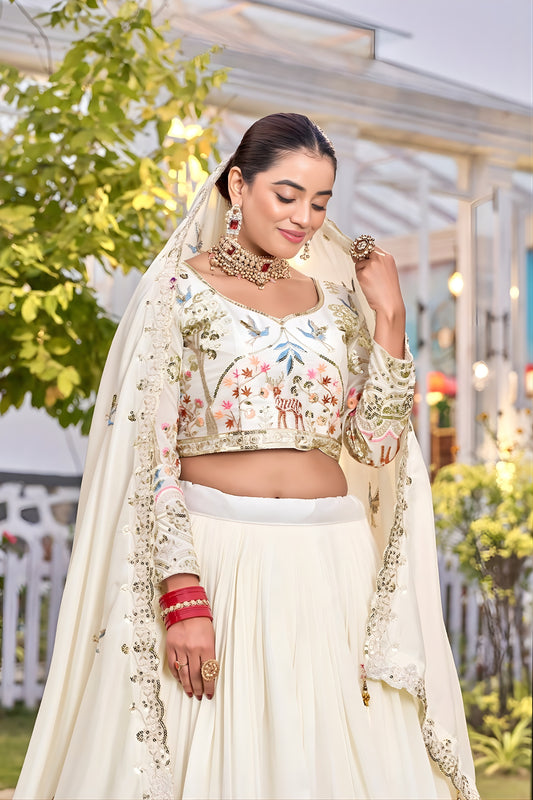 Delicate White Embroidered Vichitra Silk Lehenga Choli Set with Dupatta for Wedding