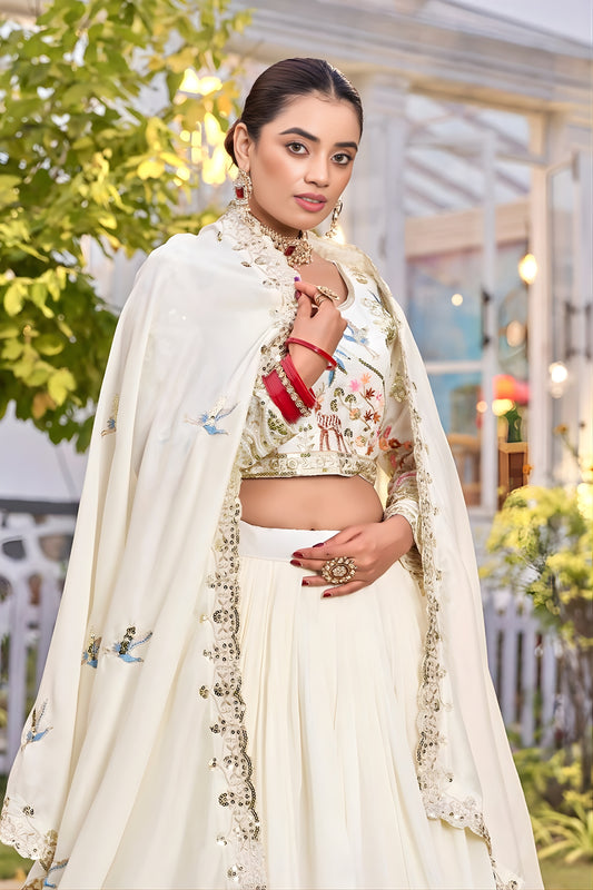 Delicate White Embroidered Vichitra Silk Lehenga Choli Set with Dupatta for Wedding