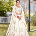 Delicate White Embroidered Vichitra Silk Lehenga Choli Set with Dupatta for Wedding