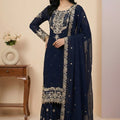 Royal Navy Blue Embroidered Faux Georgette Palazzo Suit with Dupatta for Wedding