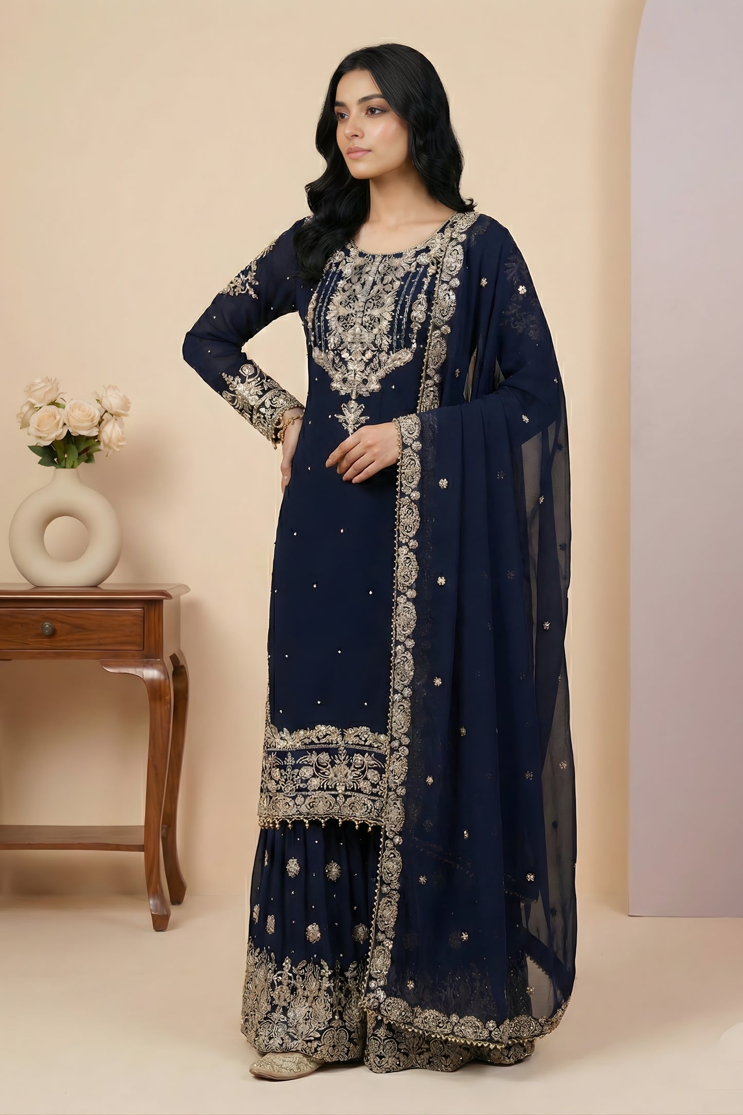 Royal Navy Blue Embroidered Faux Georgette Palazzo Suit with Dupatta for Wedding