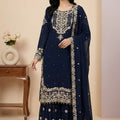 Royal Navy Blue Embroidered Faux Georgette Palazzo Suit with Dupatta for Wedding