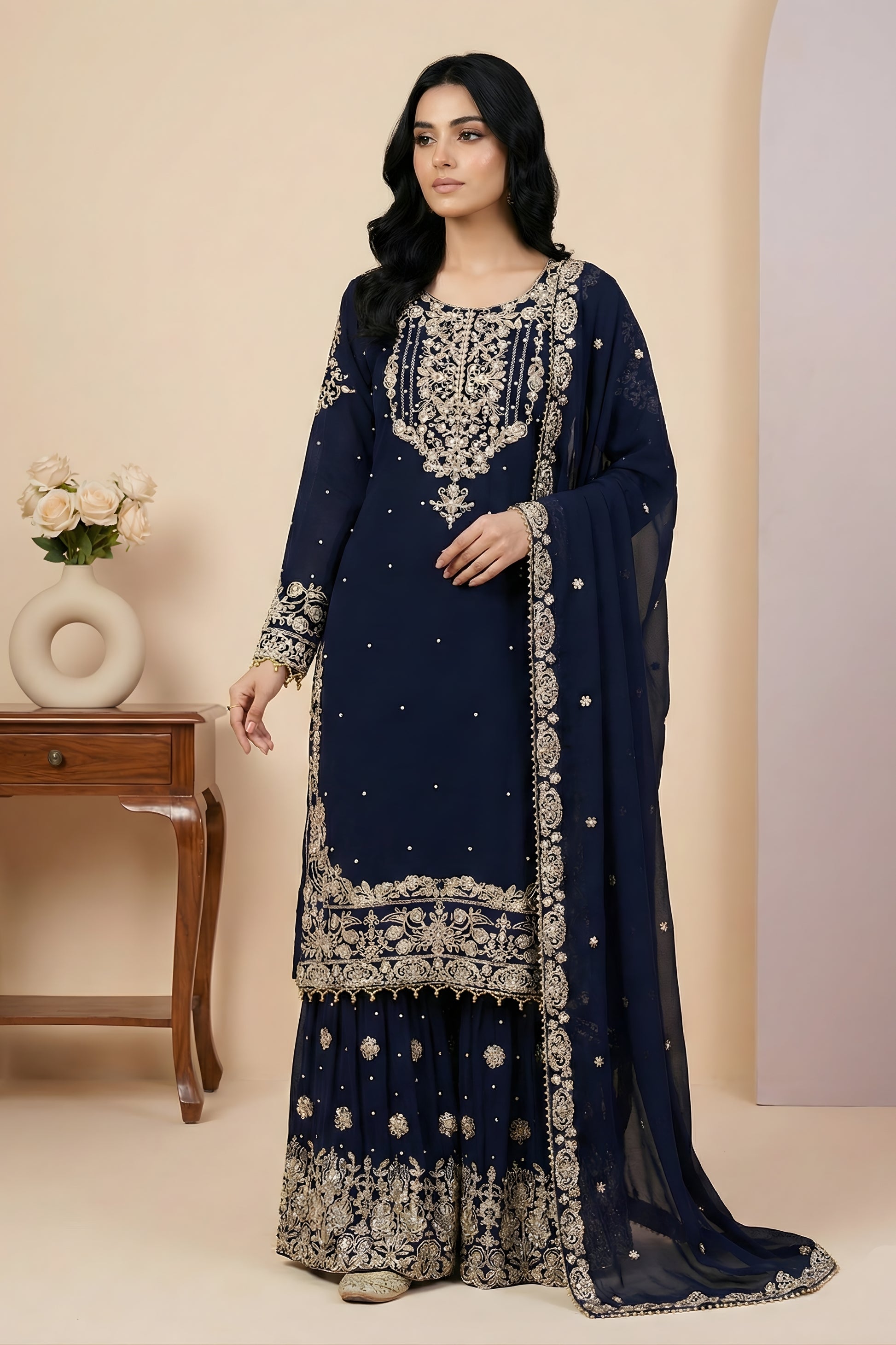 Royal Navy Blue Embroidered Faux Georgette Palazzo Suit with Dupatta for Wedding