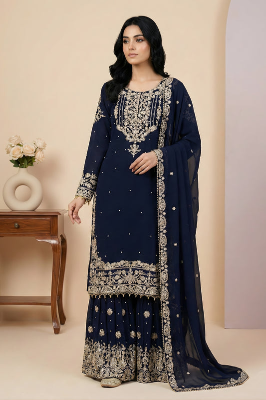 Royal Navy Blue Embroidered Faux Georgette Palazzo Suit with Dupatta for Wedding