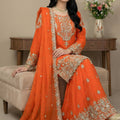 Fancy Orange Embroidered Faux Georgette Palazzo Suit with Dupatta for Wedding