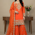 Fancy Orange Embroidered Faux Georgette Palazzo Suit with Dupatta for Wedding