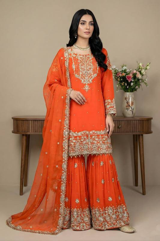 Fancy Orange Embroidered Faux Georgette Palazzo Suit with Dupatta for Wedding