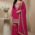 Superb Rani Pink Embroidered Faux Georgette Palazzo Suit with Dupatta for Wedding
