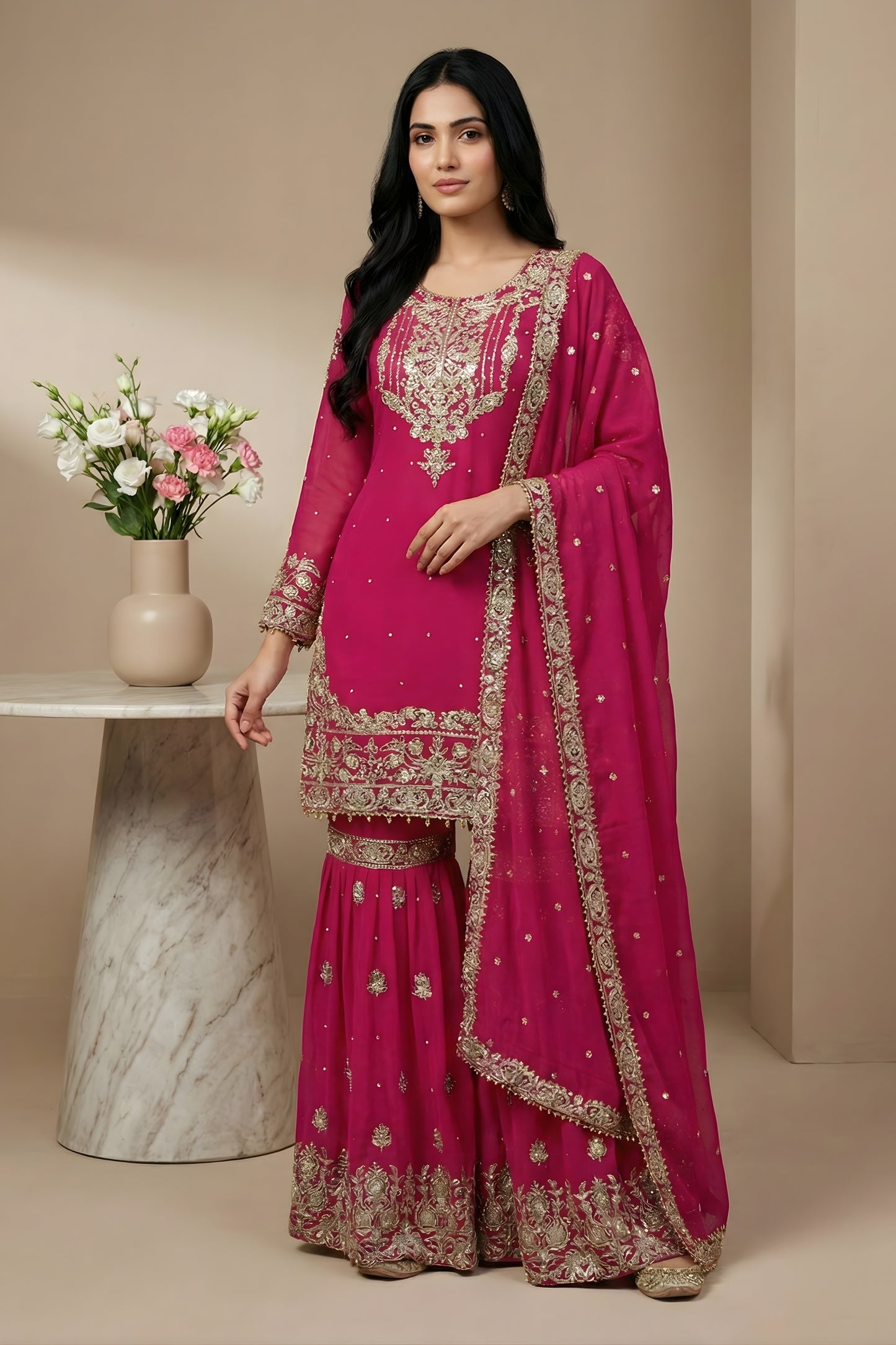 Superb Rani Pink Embroidered Faux Georgette Palazzo Suit with Dupatta for Wedding