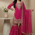 Stunning Rani Pink Embroidered Faux Georgette Palazzo Suit with Dupatta for Wedding