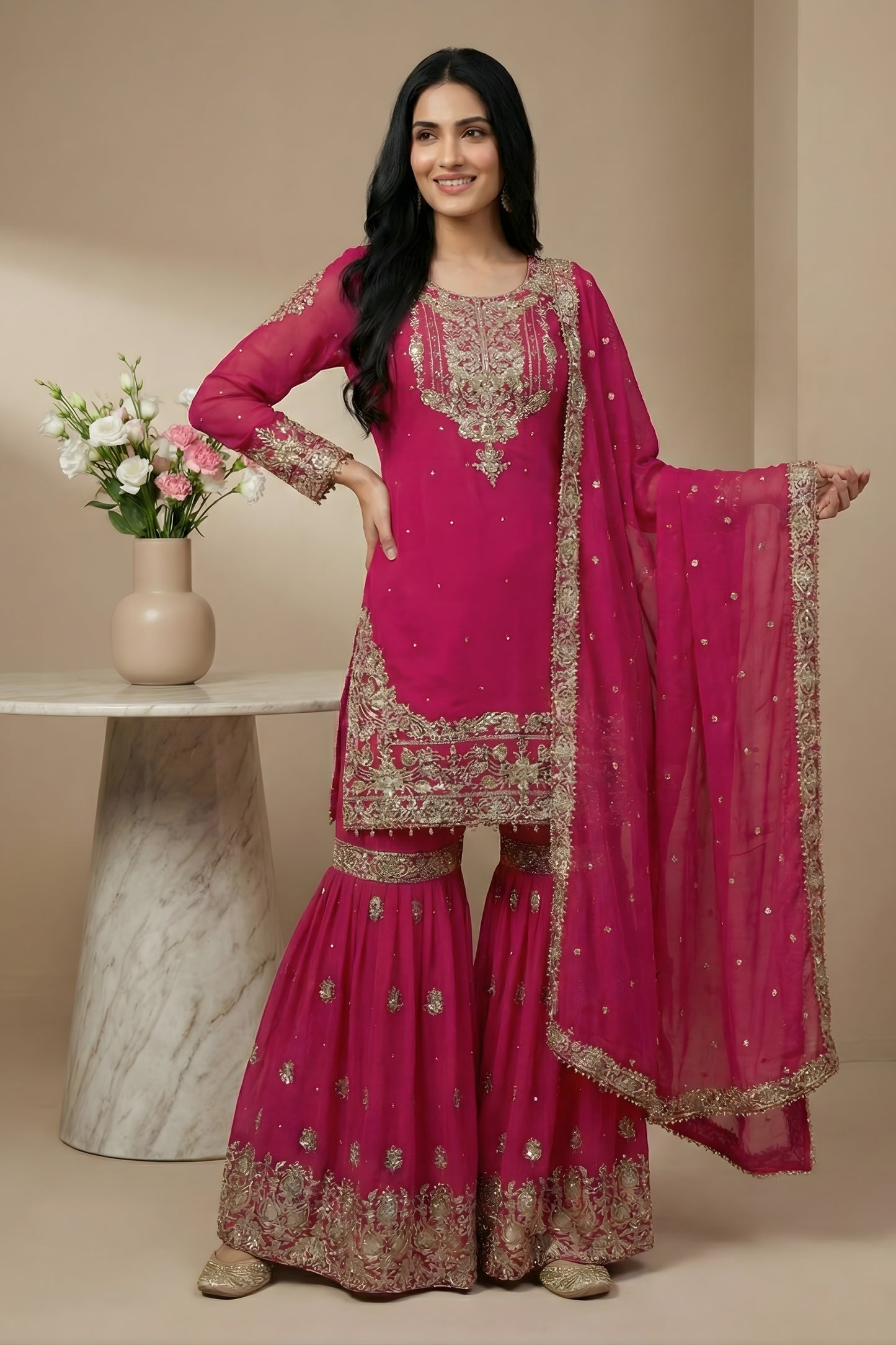 Stunning Rani Pink Embroidered Faux Georgette Palazzo Suit with Dupatta for Wedding