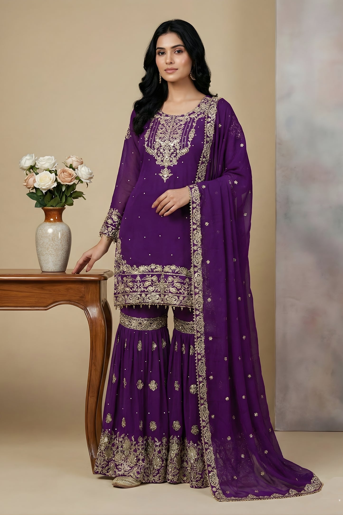 Latest Purple Embroidered Faux Georgette Palazzo Suit with Dupatta for Wedding
