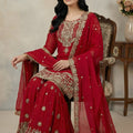 Excellent Red Embroidered Faux Georgette Palazzo Suit with Dupatta for Wedding